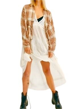 🍑Free People We the Free Pacific Dawn Plaid Shirt in Peach Tree, Size Medium